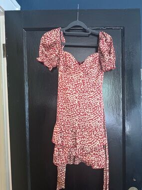 Red Printed Puff-Sleeve Tiered Dress